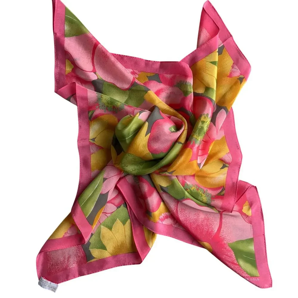 Colorful silk scarf by Elaine Gold vintage 80s large square peachy flower power